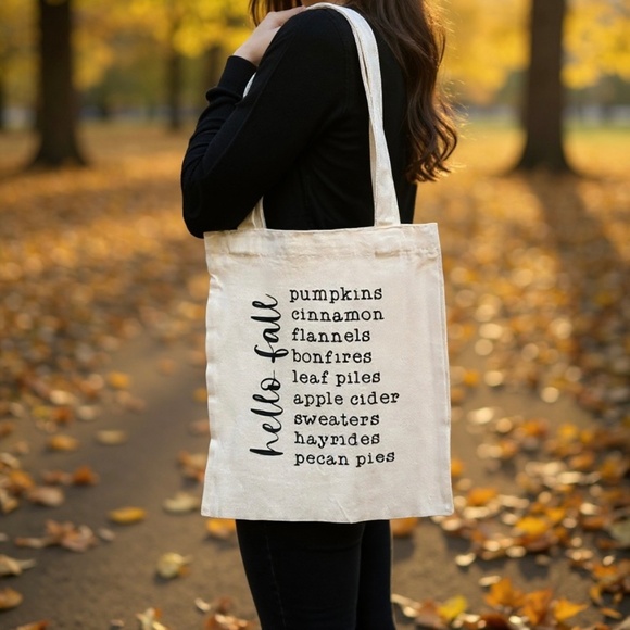 Fall Tote Bag – Autumn Themed Book Bag – Pumpkins Hayrides Pecan Pies Tote - Picture 1 of 3